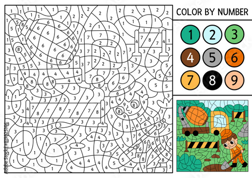 Vector construction site themed color by number activity with concrete mixer and worker digging hole. Black and white counting game with industrial landscape. Coloring page for kids with vehicle. © Lexi Claus