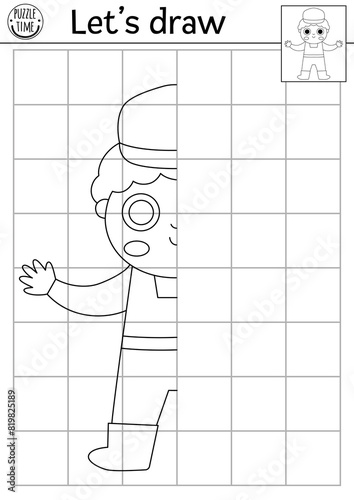 Complete the worker. Vector construction site symmetrical drawing practice worksheet. Printable black and white activity for kids. Copy the picture coloring page with builder in hard hat and uniform.