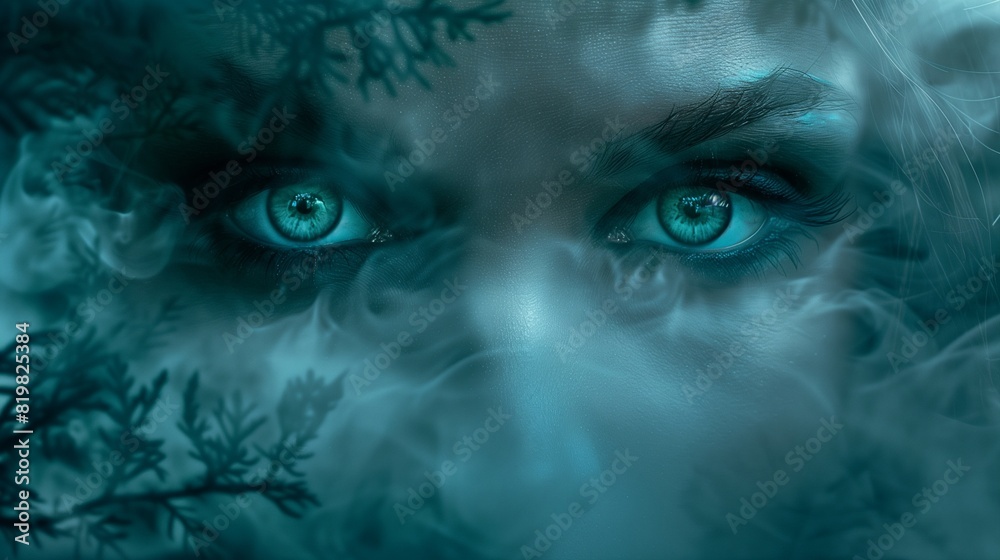 Deep Teal Eyes Piercing Through a Veil of Fog, in a Mysterious Forest Setting