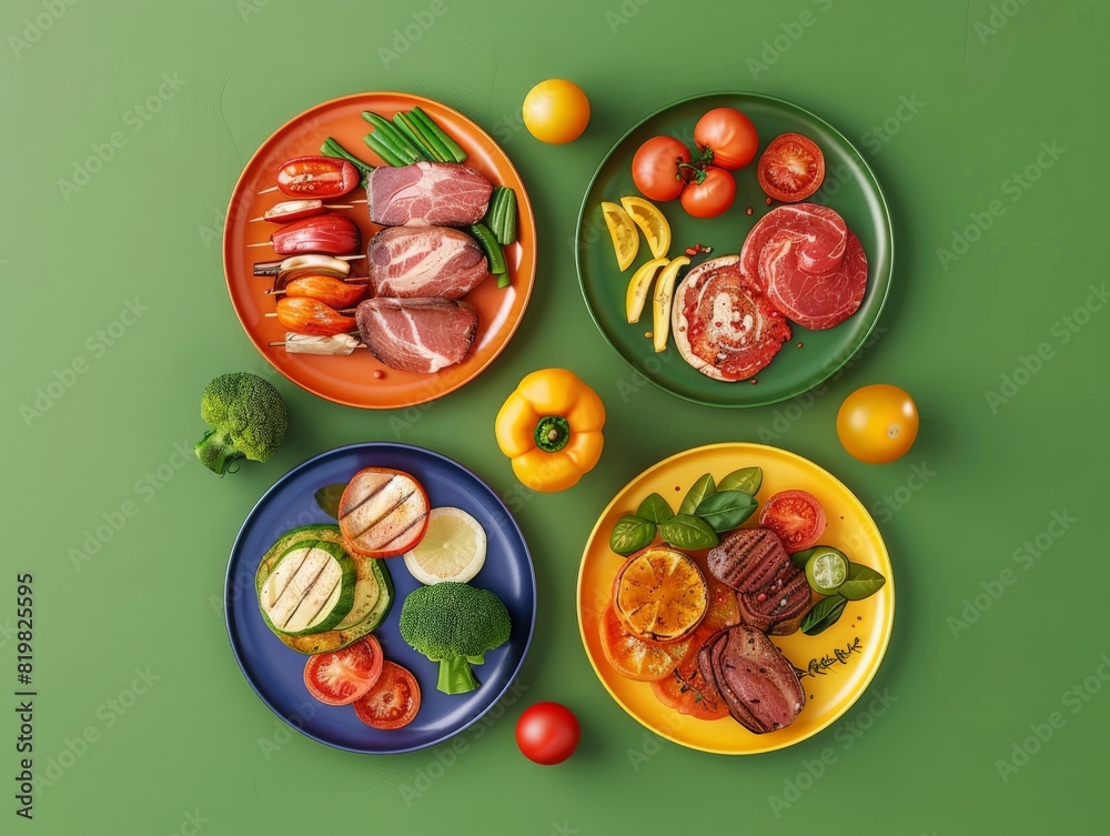 Four plates of food with a variety of vegetables and meats,having a barbecue , barbecue grill, summer activities. Four plates of food with a variety of vegetables and meats,having a barbecue , barbecue grill, summer activities.