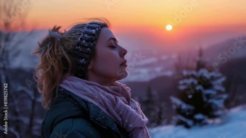 A woman is standing in the snow with her head down and a scarf wrapped around her neck. The sky is a beautiful orange color, and the sun is setting in the distance photo