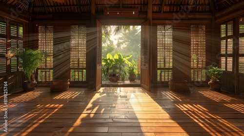 Sunlit Wooden Room with Tropical View