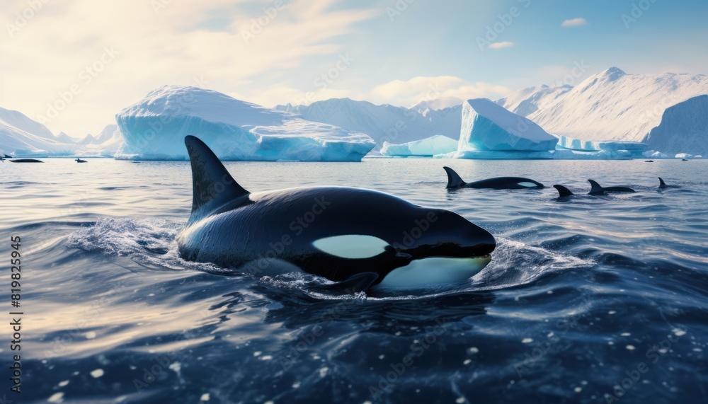 Fototapeta premium Groups of Orcas or killer whales swim and hunt for prey, the top of the food chain in a sea of ​​ice floes