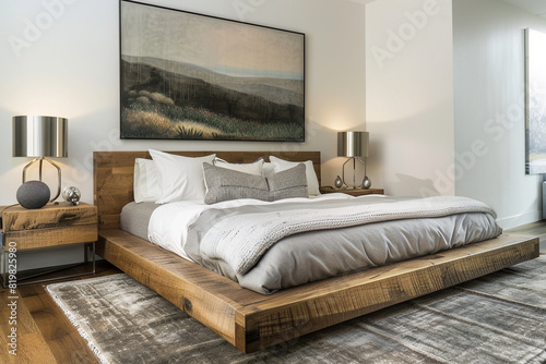 A serene bedroom with a low wooden bed frame  soft gray bedding  and a large  calming landscape painting. The room features a plush rug and modern bedside tables with metallic lamps.