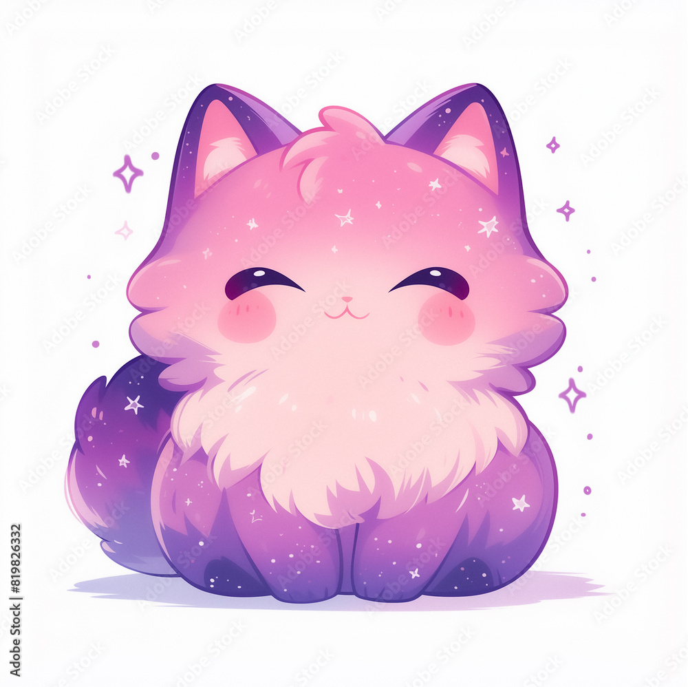Interstellar cat kawaii illustration for stickers, logos and emotes, cloudy galaxy texture adorable cute design stationery set