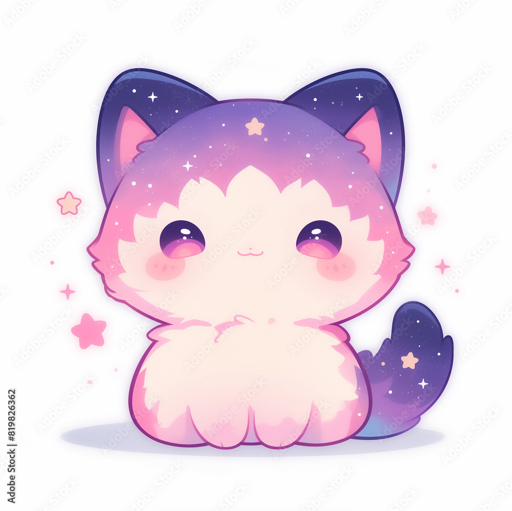 Nebula cat kawaii illustration for stickers, logos and emotes, cloudy galaxy texture adorable cute design stationery set