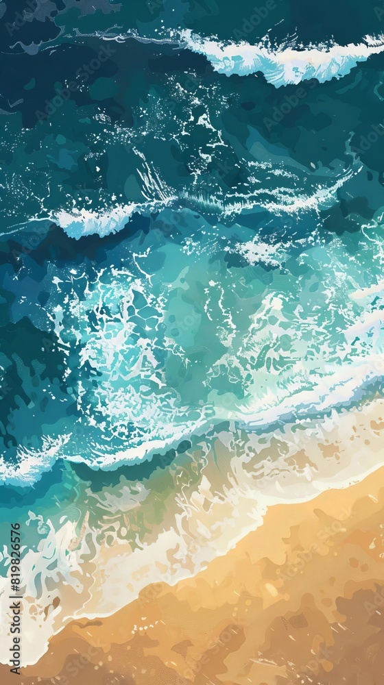 Artistic rendering of the ocean in varying shades of blue and green, with white foam crashing against a sandy beach. Artistic rendering of the ocean in varying shades of blue and green, with white foam crashing against a sandy beach.