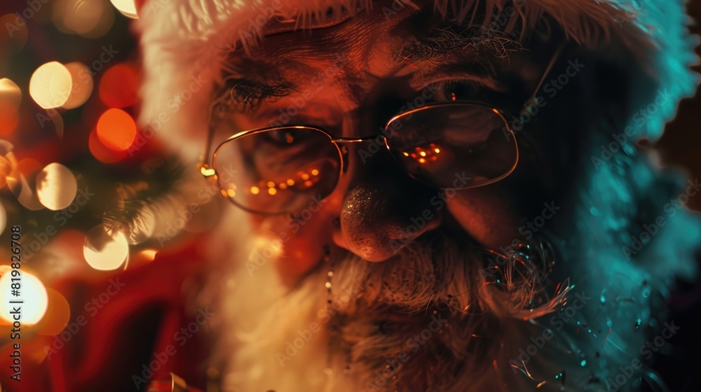 Close up of a person wearing glasses and a Santa hat, perfect for holiday promotions Close up of a person wearing glasses and a Santa hat, perfect for holiday promotions