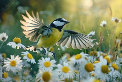 A bird flying over a beautiful field of white and yellow flowers. Perfect for nature and springtime themes