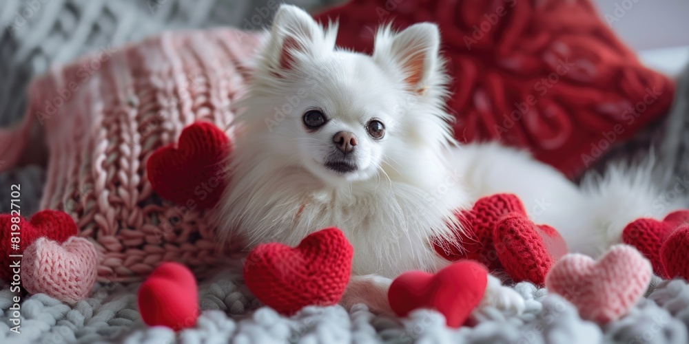 A small white dog resting on a bed covered in hearts. Perfect for pet lovers and Valentine's Day promotions