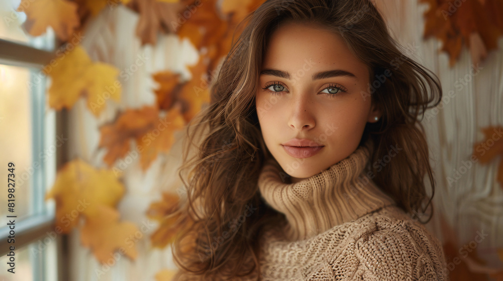Casual and fashionable young woman in a beige autumn outfit, posing confidently with a chic look Casual and fashionable young woman in a beige autumn outfit, posing confidently with a chic look