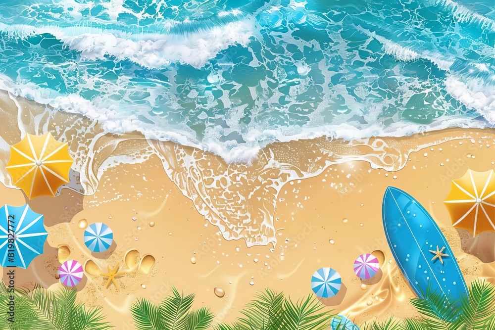 Fototapeta premium Looking for a relaxing and enjoyable vacation destination? Look no further than our beautiful beach! With its crystal-clear waters, soft sandy beaches, and lush green surroundings.