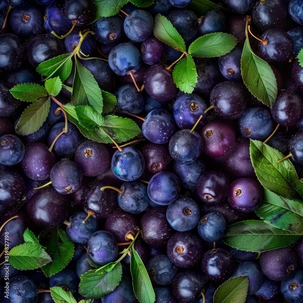 Fototapeta premium Blackthorn berry texture background, Prunus spinosa fruits pattern, many sloe berries mockup, sloeberry banner