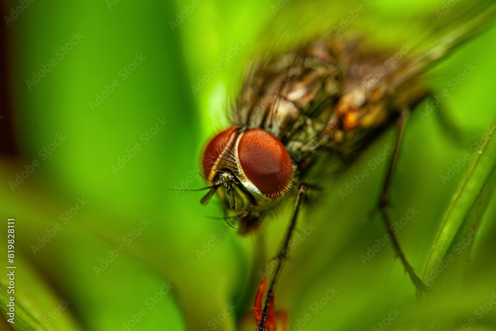 Detailed close-up macro of a shiny golden greenbottle fly sitting on a leaf. Domestic fly. close up compound eyes of fly on green background. Fly on a leaf macro Detailed close-up macro of a shiny golden greenbottle fly sitting on a leaf. Domestic fly. close up compound eyes of fly on green background. Fly on a leaf macro