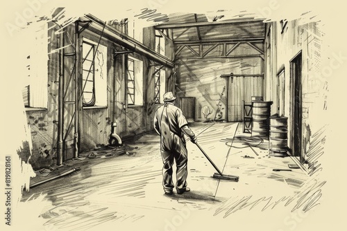 A man is shown sweeping the floor. Suitable for cleaning services promotions