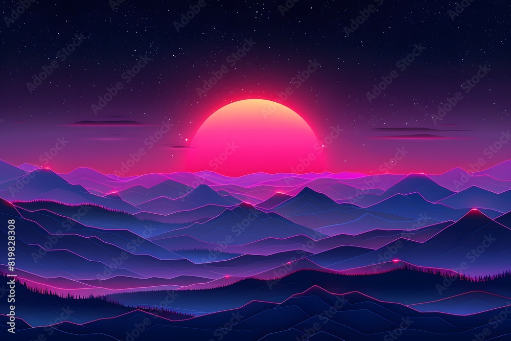 Futuristic Landscape: Neon Sunset Over Surreal Mountain Range for Digital Art, Wallpaper, and Prints
