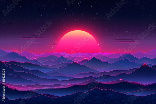 Futuristic Landscape  Neon Sunset Over Surreal Mountain Range for Digital Art  Wallpaper  and Prints