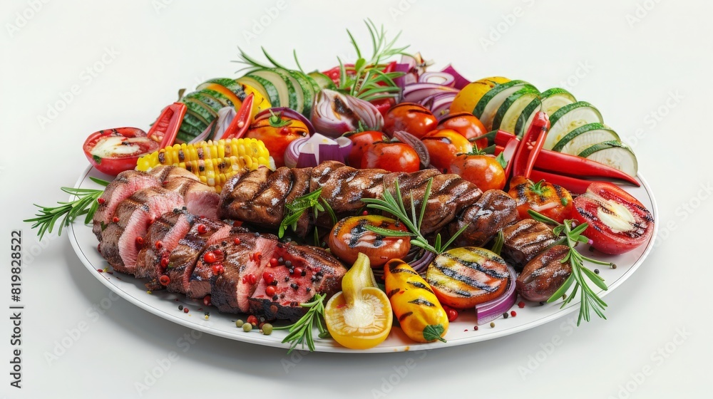 A plate of grilled meat and vegetables with a white background,having a barbecue , barbecue grill, summer activities. A plate of grilled meat and vegetables with a white background,having a barbecue , barbecue grill, summer activities.