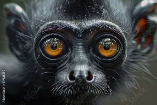 Close up of a monkey's face with yellow eyes. Suitable for animal and wildlife themes