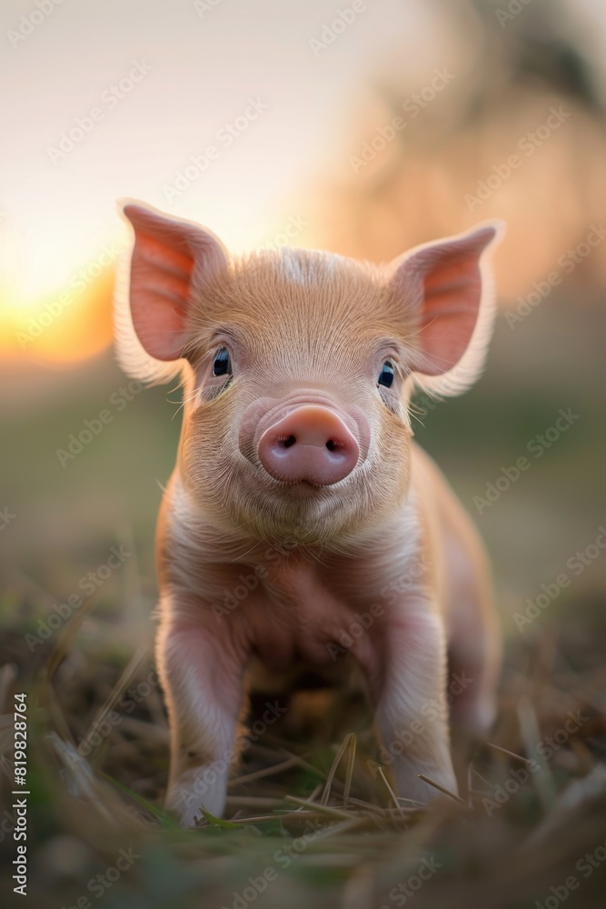 A small pig standing on a grass covered field. Suitable for various farm and animal themed designs A small pig standing on a grass covered field. Suitable for various farm and animal themed designs