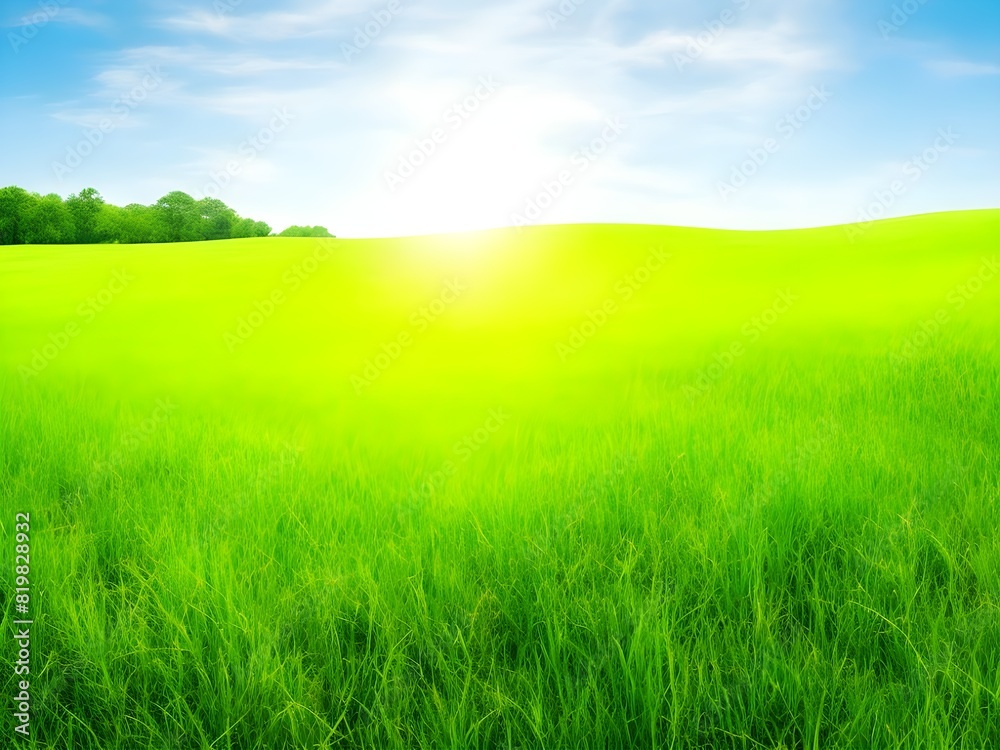 Fototapeta premium Green grass and blue sky,beautiful grass landscape