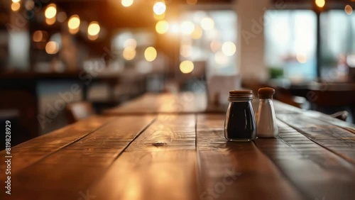 A table with two salt and pepper shakers on it. The table is wooden and has a warm, inviting atmosphere photo