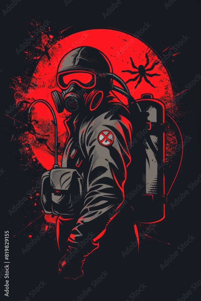 A man wearing a gas mask holding a spray can. Suitable for industrial and environmental themes A man wearing a gas mask holding a spray can. Suitable for industrial and environmental themes