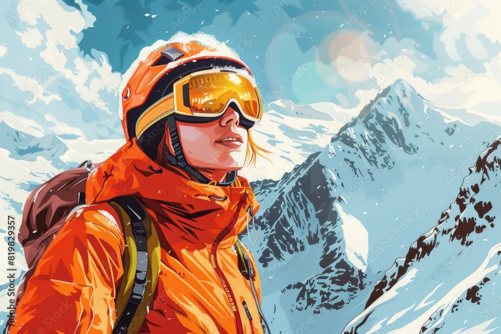A woman in an orange jacket and goggles standing in front of a snowy mountain. Suitable for outdoor sports and winter activities promotions A woman in an orange jacket and goggles standing in front of a snowy mountain. Suitable for outdoor sports and winter activities promotions