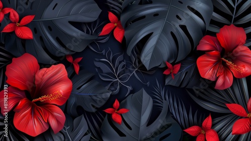 A tropical black leaf and exotic red flower on a dark background modern poster A beautiful botanical design with a golden jungle plant inscription on the card for an invitation to a wedding ceremony 