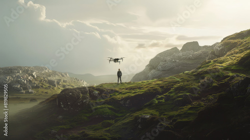 Magical drone hovering in a compelling, enchanted landscape.