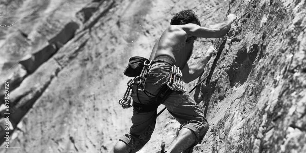 A man scaling the side of a mountain. Ideal for outdoor adventure concepts.