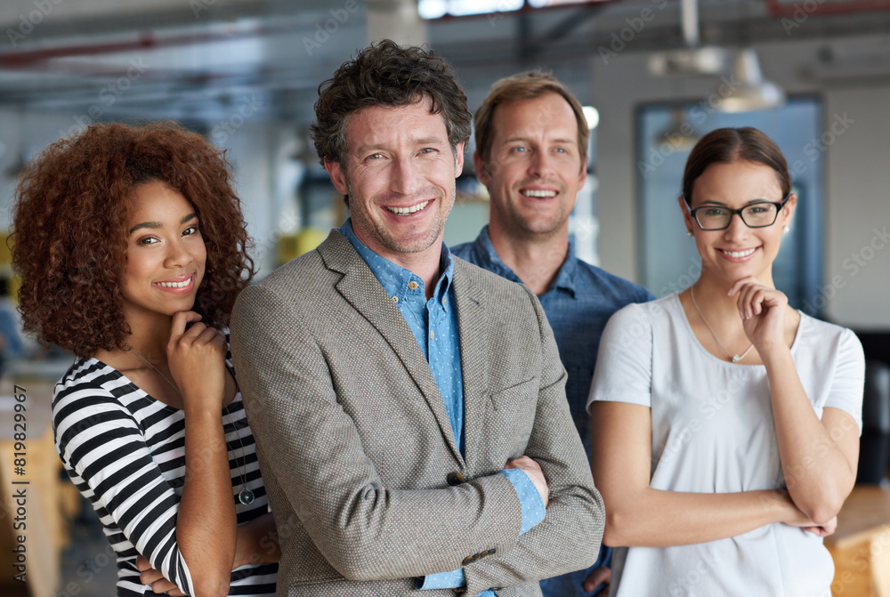 Office, businesspeople and team in portrait with confidence or advertisement of company. Smile, collaboration and alliance with unity or we are hiring with pride, ambition and positivity in workplace Office, businesspeople and team in portrait with confidence or advertisement of company. Smile, collaboration and alliance with unity or we are hiring with pride, ambition and positivity in workplace
