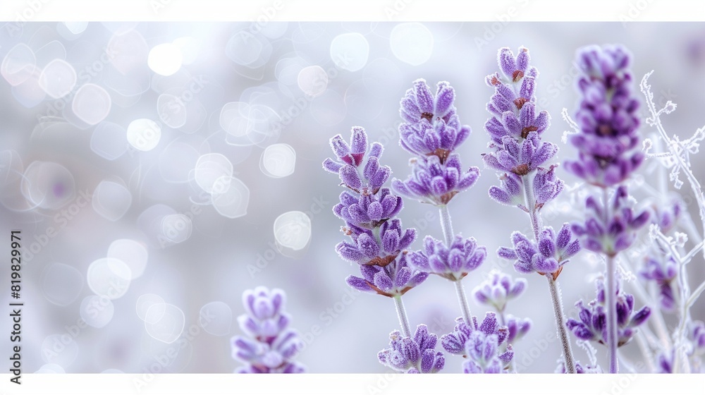 Fototapeta premium Soft Lavender Flowers Against a Bright White Frosty Background, Delicate Winter Bloom