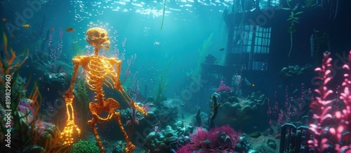 Golden Skeleton Unearths an Illuminated Underwater City A Vibrant D Rendered Fantasy