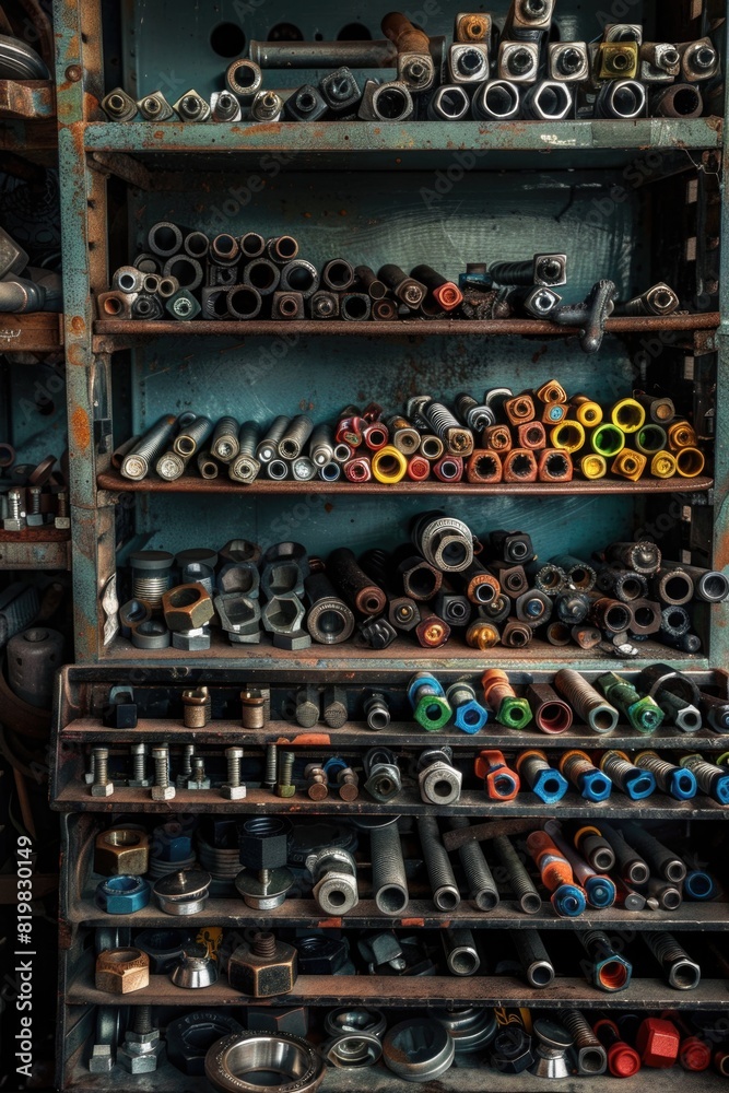 A collection of different types of tools on a shelf. Useful for DIY projects or hardware store concepts