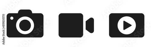 Camera video icon. Camera icon. Play icon button. Audio player icon. Video streaming web icons