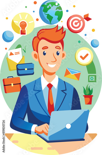 Flat illustration of a businessman is surfing the internet, vector illustration.