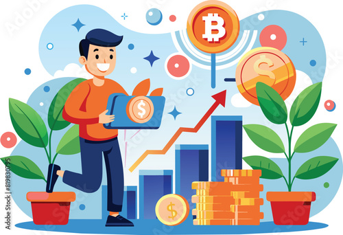 Flat illustration of bit coin investment, vector illustration.