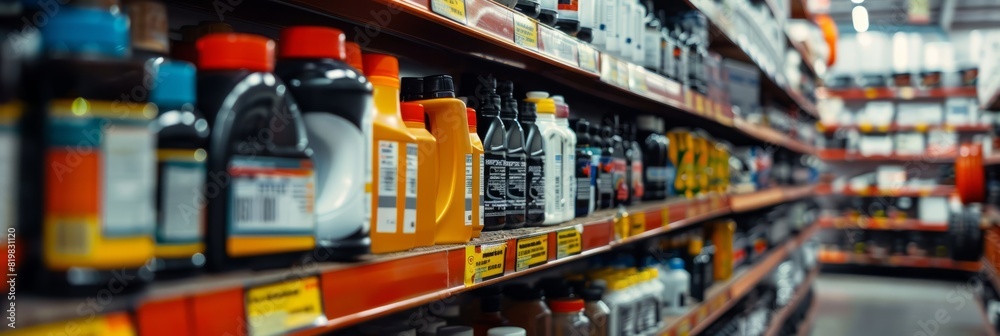 A store filled with shelves stocked with numerous bottles of liquid products for sale, creating a busy and bustling atmosphere
