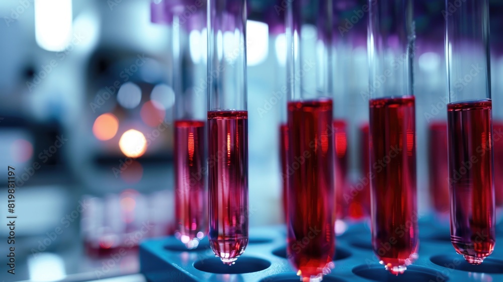 A row of test tubes filled with red liquid. Ideal for science and laboratory concepts A row of test tubes filled with red liquid. Ideal for science and laboratory concepts