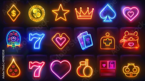 Modern icons for casino gambling with neon symbols for slot machines, a golden star, a red heart, a crown, a money bag, and playing cards. photo