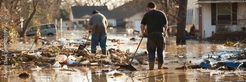 Two men are cleaning up a flooded street after a disaster, working together in challenging conditions to remove debris photo