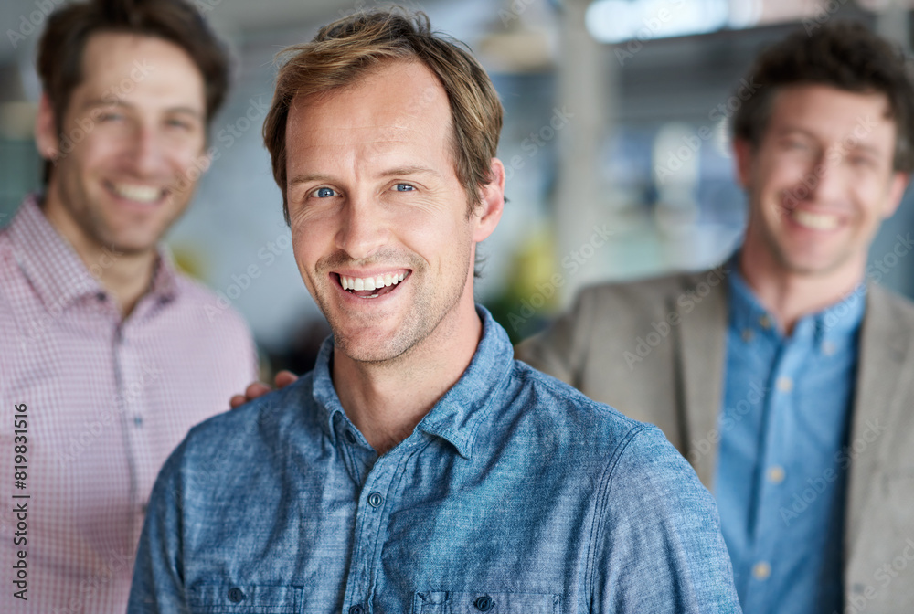 Businessman, happy and portrait in office for company, collaboration and startup business. Graphic designer, men and pride in workplace for project management, leadership and smile in creative agency Businessman, happy and portrait in office for company, collaboration and startup business. Graphic designer, men and pride in workplace for project management, leadership and smile in creative agency