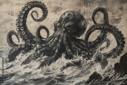 A beautiful painting of an octopus swimming in the ocean. Perfect for marine-themed designs photo