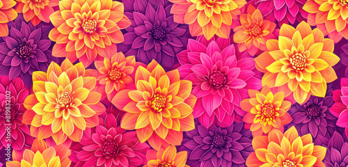 vibrant dahlia flowers in a rich color gradient from fuchsia to orange and purple