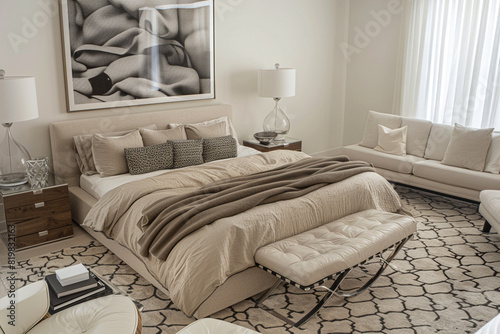 Contemporary bedroom with a low bed, beige linens, monochrome photograph, stylish sofa set, and white chair. Patterned rug and glass lamps on bedside tables. photo