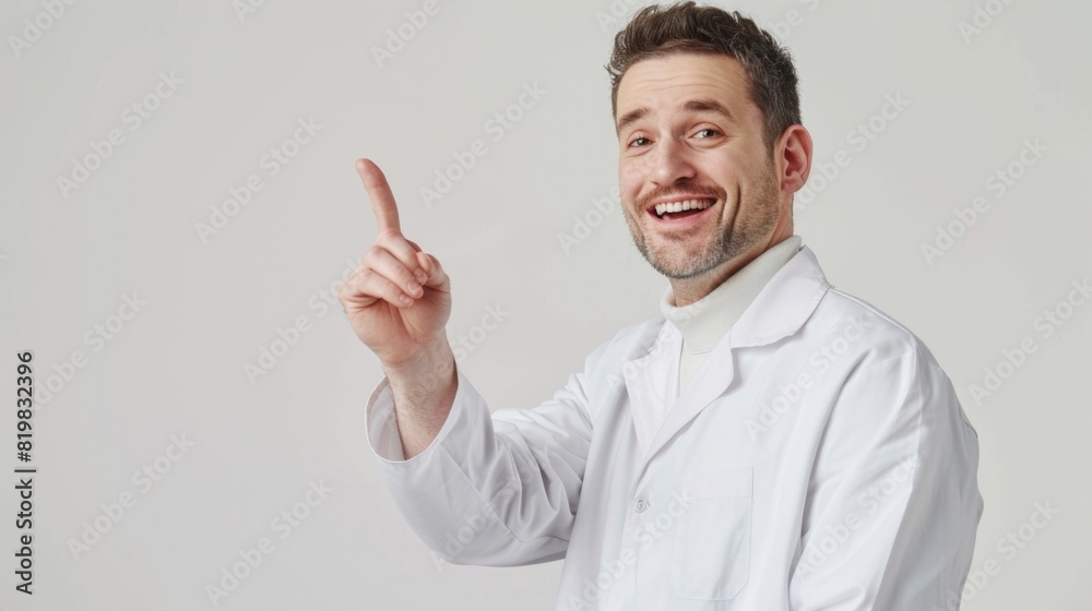 A man in a lab coat pointing. Suitable for scientific or medical concepts A man in a lab coat pointing. Suitable for scientific or medical concepts