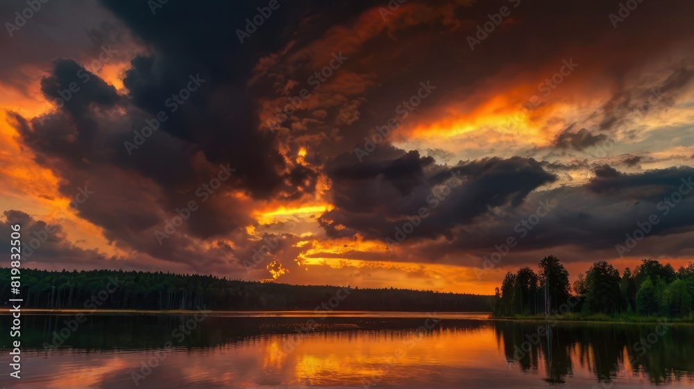 a view of the river at sunset, evening, black clouds. a view of the river at sunset, evening, black clouds.