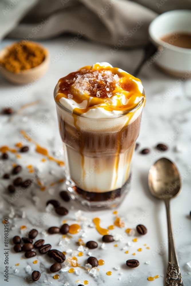A glass of coffee with caramel and whipped cream on top A glass of coffee with caramel and whipped cream on top