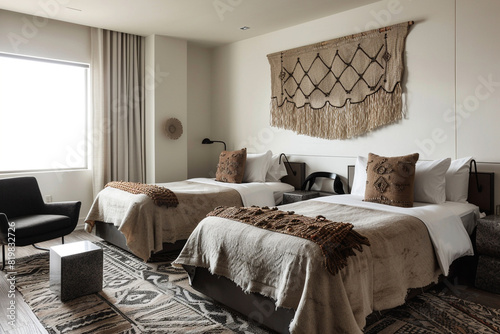 Contemporary hotel room with two single beds  earthy-toned bedding  textured wall hanging  chic sofa set  and black chair. Patterned rug and cube-shaped bedside tables.